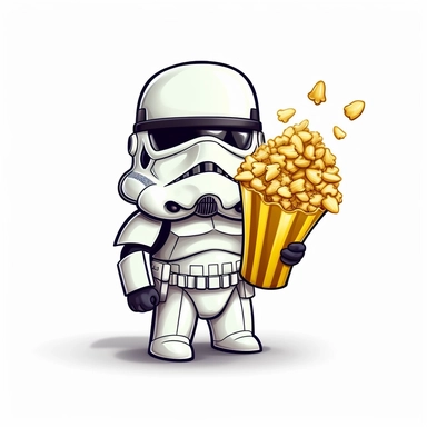 a cute cartoon illustration of an ear of corn dressed up in a storm trooper costume walking around shooting popcorn from its storm trooper blaster gun on a white background with clean lines suitable for clip art