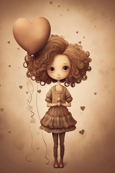 a small girl holding a heart, in the style of light beige and brown, whimsical cartoonish, airbrush art, scrapbook, mandy jurgens, dye-transfer, simple, clipart