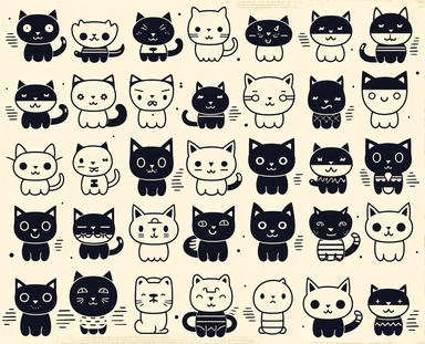 cute cats clip art drawing tutorial in adobe illustrator, in the style of black-and-white block prints, stained glass effect, flickr, minimalist grids, black-and-white graphic, negative image, carved wood blocks