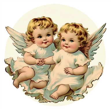 baby angels in the style of a vintage holiday card, very cute, flying, smiling, clipart, white background