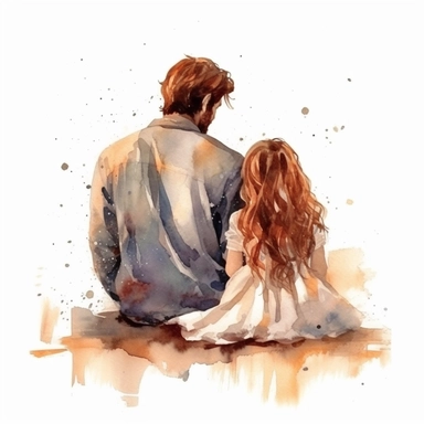 fathers day, father and family, mother and son, long hair, sitting, back view,beautiful cloths, beautiful, loving, watercolor clipart