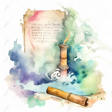 an ancient scroll of wisdom surrounded by a fantasy mist watercolor clipart