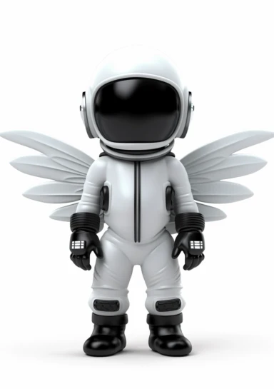 render a 3d cartoon image of a house fly space astronaut wearing a black space suit and white angel wings, clothing logo, hip hop brand, clipart, white background, bright, hyper, colorful,