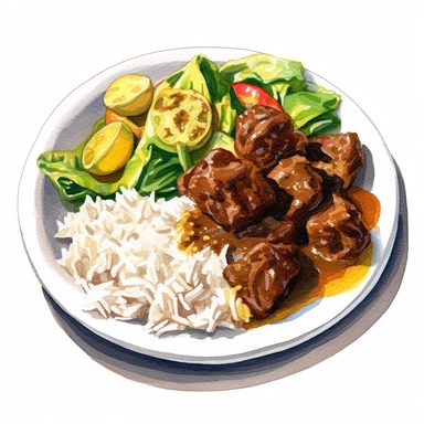 watercolor curry goat , white rice, steamed cabbage, west indian food, carribean food, clip art , hd, white background, spaced out, cartoon realism details--ar 3:2