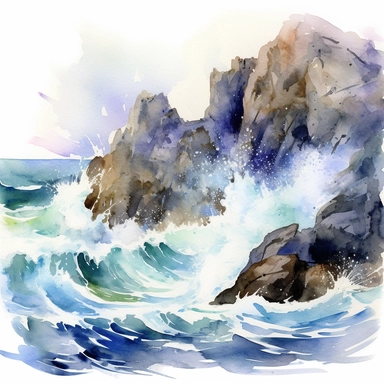 watercolor detailed dramatic cresting ocean waves crashing into rocky cliffs, with choppy water, indigo blue, turquoise blue, green and purple waves, clipart on white background, in the style of John Singer Sargent s 900