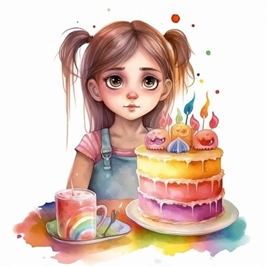 boho little girl next to cute rainbow birthday cake, big eyes, belle, Disney princess, beauty and the beast, very detailed and realistic, watercolor, clipart style