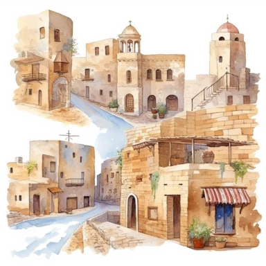 watercolor mardin town in turkiye, illustrations clipart set, simple, , cartoon elements ,different variants , historic stone houses,historic buildings, cobblestone lanes, tone facades of the buildings, Mardin's stone Alleyways separate elements with a margin