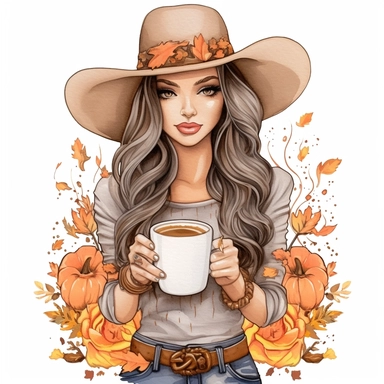 Just A Girl Who Loves Pumpkin Spice Cowgirl Png Sublimation Design , style by Lucy Fleming, watercolor, smooth gradients, black contour outline, ultra detailed, clipart elements, delicate pastel colors, solid white background, super clear, high quality