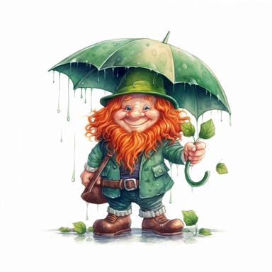 Cute Adorable magical little leprechaun with a cylinder hat and a red beard holds laterally a umbrella in his hand wears a raincape and stand in the rain on a country road, clipart, photorealistic illustration, watercolor, high detail, 8k polished, 8k, vibrant colors, white background