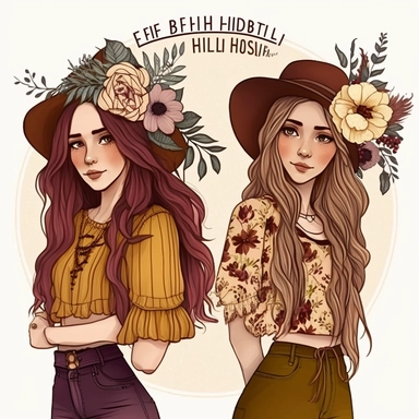 boho Best Friends Clipart, Girlfriends, full body, fashion, pretty face