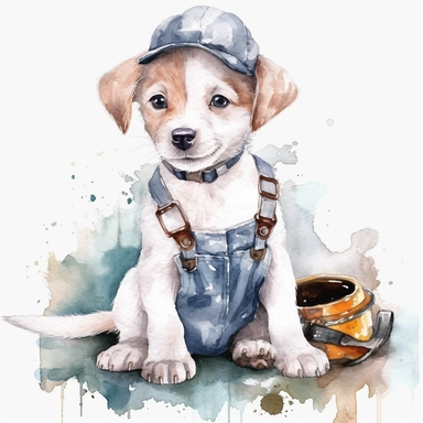 Watercolor Clipart of baby animal full body. smiling sitting baby dog wearing a mechanic costume. smiling