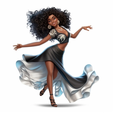 a black African-American, long curly hair model,anime,Pixar,character,beautiful woman in a form of clipart, white background, standing dancing in a pose looking straight