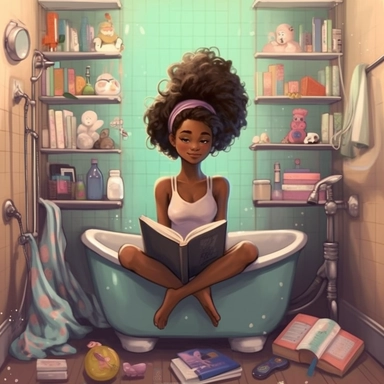 african american teenager girls stuck in a bathtub with books in the white house bathroom in the style of dr. seuss with a simple pastel color palette clip art--ar 10:8