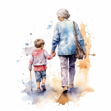 Cute Beautiful Grandma And grandson Is Going Full Body Back View Watercolor Clipart,Cartoon, hyper realistic, intricate detail, illustration style,high solution,on the white background