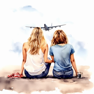 2 beautiful girls best friend sitting together back view illustration clipart,Airplane in the sky, detailed, white background, illustration painting, digital art, 8k, hd, watercolor ar 3:4