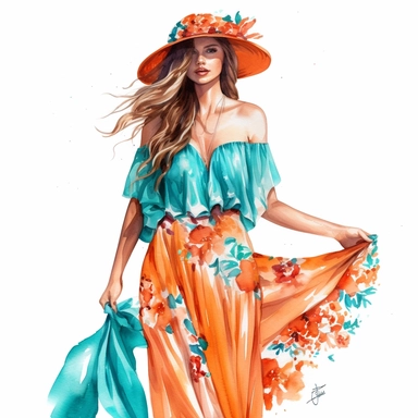 watercolor, hyper realistic, white background, white margins, 16k, ultra detailed clipart, cut out image, hand-drawn, whimsical a flowing, a pretty lady wear an off-the-shoulder dress with a tropical print, perfect for a beach party. vibrant Orange and Turquoise