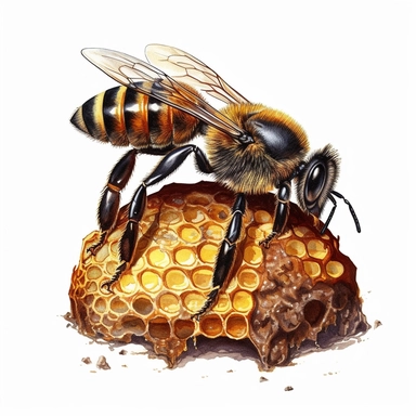 Bumblebee on a beehive, highly detailed, acrylic paint, 16k, realistic, isolated on a white background, clipart