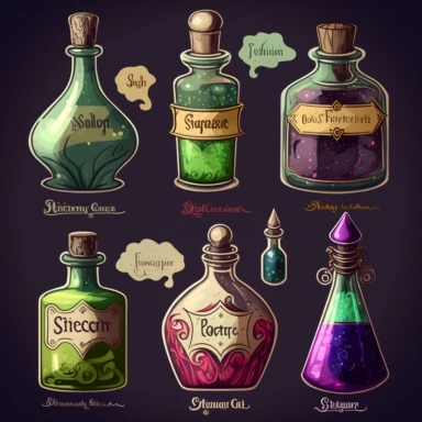 realistic clipart image of a magic potion bottle and magic potion bottle set hand-drawn pencil illustrations of various sizes and shapes of glass bottles with different colored liquids inside. Each bottle could have its own label indicating its name and purpose, such as Love Potion #9, Invisibility Elixir, Strength Tonic, Youth Serum, and so on. The labels could be designed with intricate calligraphy or spooky handwriting, and each bottle could have unique embellishments such as cork stoppers, w