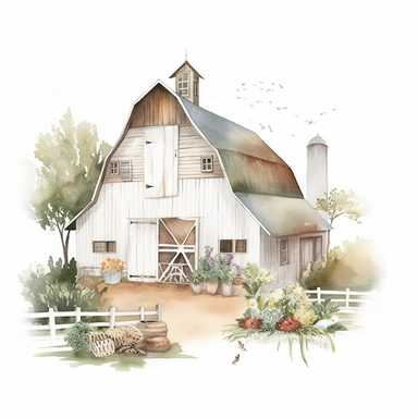 pretty white painted barn clipart, painted white, pretty charming farmyard setting with plants trees and farm accessories, fence, detailed watercolor illustration, light color palette, farmyard accessories, isolated on white background