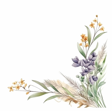 delicate Meadow Floral and leaves corner Frame Watercolor, , Spring Clipart, dust, Minimalistic Flowers Watercolor, Elegant Blooms, dainty florals, watercolor illustration, hand drawing style