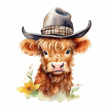 a highland baby cow wearing a cowboy hat standing in a field, watercolor clipart on white background