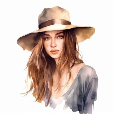 pretty lady with a hat, long brown hair, watercolor, hyperealistic, clipart, clean white background