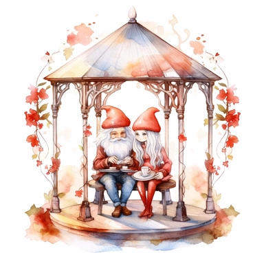 Watercolor magical gnome couple sitting in a gazebo watercolor clipart on white background, vivid colors, enchanting scene clipart on a white background in the style of feminine sticker art, Tanya Shatseva, storybook illustration, red, white and caramel tones, Georgia O'Keeffe, colored line art, colored outlines, cottagecore design, watercolor on white background, crisp tones, sticker outline, colored line art, colored outlines, iridescent ombre, gradient shading, pure tone, vibrant digital art 