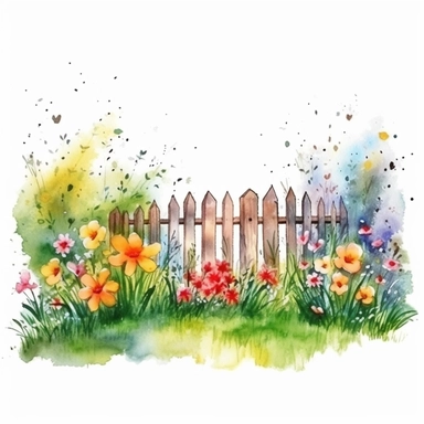 clipart, isolated on white background, Watercolor Spring beautiful ornated fence fulls of the colorful flowers and grass and plants and branches and tree, ornated, vivid and vibrant and saturated colors