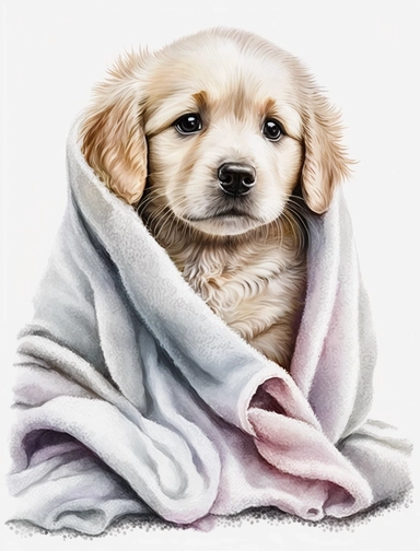 baby dog in a blanket, watercolor clipart, transparent background,