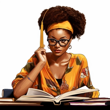 Education and Empowerment: Create a clip art showing an Afro-Caribbean woman engaged in academic or professional pursuits, such as reading a book, working on a laptop, or holding a graduation cap. This image can represent intelligence, ambition, and empowerment.