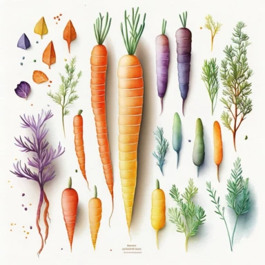 Design a series of watercolor carrot cliparts in various sizes and colors, such as orange, yellow, and purple.