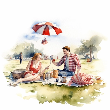 A classic American picnic in a park, with checkered blankets, wicker baskets, and people playing Frisbee and flying kites, american style, watercolor, clipart