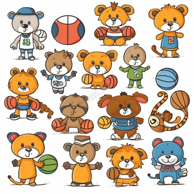 Design a clipart set that depicts animals playing various sports such as basketball, soccer, volleyball, tennis, and football. Select animals that are commonly associated with the specific sport, adding also images of other animals that would be unexpected but depict a playful atmosphere. Add extra details like uniforms and equipment like balls, nets, and rackets. Each animal should be depicted doing a specific action associated with the sport, such as a lion dribbling a basketball or an eagle s