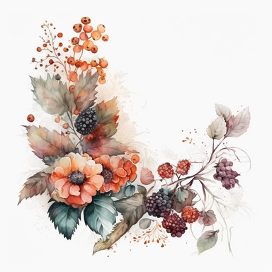 watercolor dusty red floral in the far bottom left corner and far top right coner only, and blackberries in the far bottom left left corner and far up right corner only, clipart, orange, white background, no text