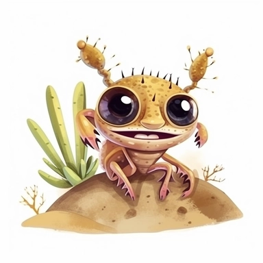a baby scorpion with cute big eyes, happy smiling face, cute animal, adorable, playful atitude, adorable watercolor animal clipart with a few cactus and sand decor, no background, high quality