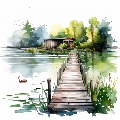 watercolor clipart dock lake, white background