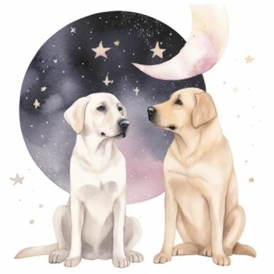 celestial watercolour Labrador clipart, on white background, stars, nebula, moon, galaxy, soft colours