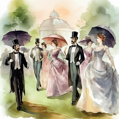 watercolor style, beautiful women in fancy Victorian dresses and holding fancy umbrellas and men in fancy suits, ties, and fabulous top hats, walking around on the lawn talking and listening to the orchestra behind them, clipart, digital art, illustration