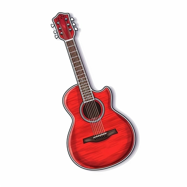 full isolated red acoustic guitar with bolded outlines on a white background, bolded outline clipart sticker watercolour style, bolded outline sticker, front view, isolated on a white background
