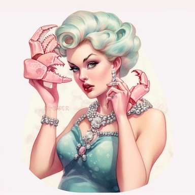 Hand drawn 1950’s pin up woman, dressed like cancer the crab, very glamorous with jewelry, shades of dusty rose teal and blue, half body, very detailed and realistic, watercolor, white background with margins, clipart style