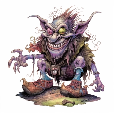 WEIRDCORE detailed illustration of a whimsical fantasy TROLL creature in a creepy, eerie style with a sense of dark magic, featuring large shoes, large eyes, and a big grin, watercolor and ink,clip art, cartoon, 8k, ar 9:8