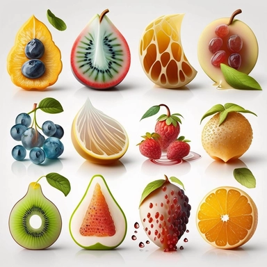 beautiful, 10 fruit stickers collection, clipart design, cartoon, 4k, white background, photo realism