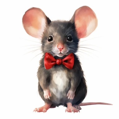 clipart vector image with plain white background of a watercolor painting of a black mouse standing. Distinguished. wearing a red bow tie. extremely detailed.