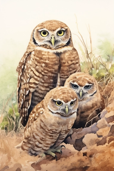 burrowing owls at nest, use a combination of vibrant colors and subtle variations in color to capture the freshness and vitality of the scene. Let the transparent and flowing nature of watercolors add a sense of lightness and movement to the painting, clipart, plain isolated white background, 8k ultra detail high sharpness