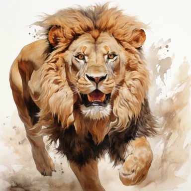 hyperrealistic ultra detailed watercolor clipart, jumping lion, isolated on white background, in the style of digital print, clipart, illustration, sticker, ultra high definition, rich details, 32K, HD