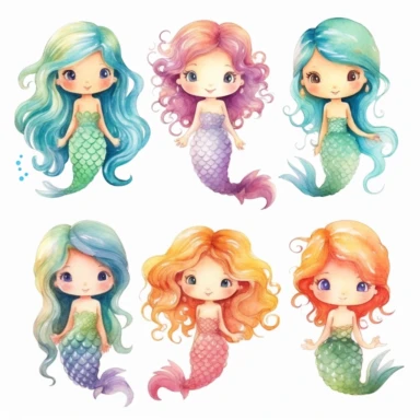 very simple watercolour childrens book style drawing of different isolated happy cute mermaids , pastel colours soft on white background for clipart, 8k