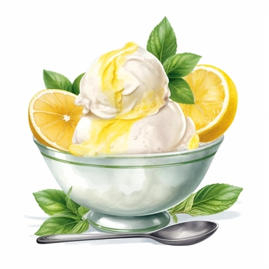 Highly detailed image of watercolor style clip art style staged bowl of lemon sorbet with additional overlapping accessories on a white background