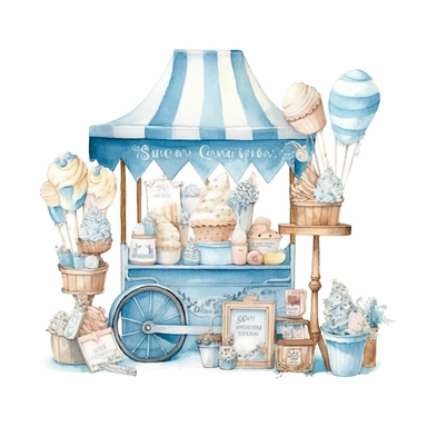 Watercolor wedding icecream blue stand, wedding clipart, simple, soft colors, cartoon elements, watercolor boho style, white transparent