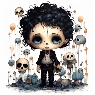 a clipart, white background, kawaii, happy, in curly black hair brown boy dia de Muertos, Mexico city , Tim Burton Junji Ito day of the dead sugar skulls, [moonlight, mist, fog, swirling smoke], [greasy, dirty, dank],