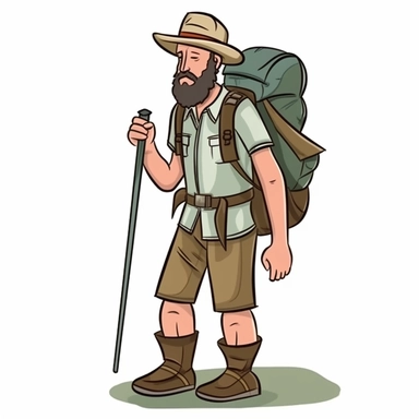 a man hiking, cartoon style, clipart, on white background